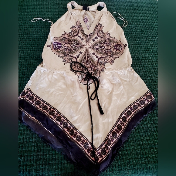 Guess Tops - Bohemian Cream and Purple Guess Top,Size 3, 100% Silk,Black rope on waist